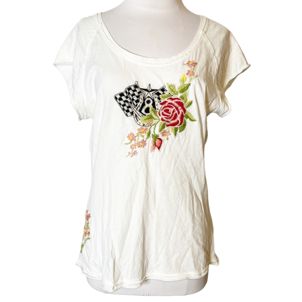 Johnny Was White Tee with Floral and Graphic Embroidery - Picture 2 of 7